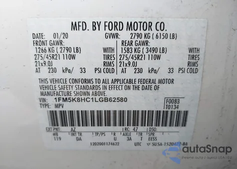 2020 Ford Explorer Platinum из США, поврежденный, VIN 1FM5K8HC1LGB62580